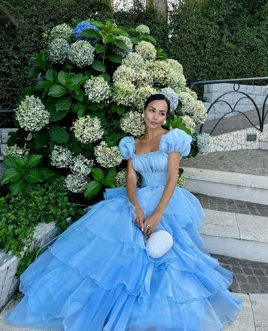 Blue Princess Cute Elegant A-line Short Sleeve Long Tulle Party Dress Evening Dress Ball Gown gh4197