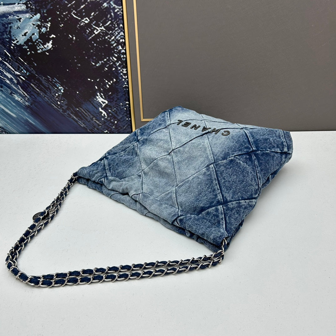 Chanel Large 22 Bag Faded Blue Denim Silver Hardware