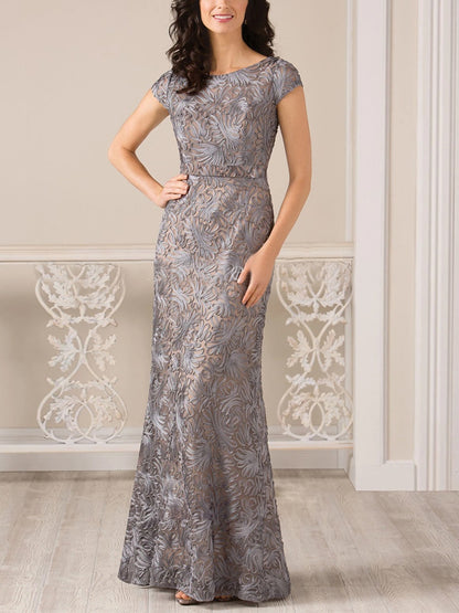 Round Neck Lace Short Sleeve Solid Color Maxi Dress