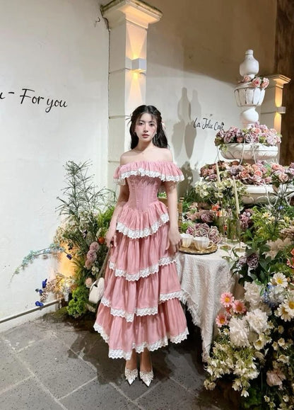 Pink Elegant Delicate Lace Corset Long Tiered Ball Gown Evening Dress Wedding Guest/Birthday Party Dress gh4128