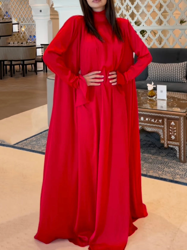 loveedsTM- Flared Sleeves Long Sleeves Solid Color High-Neck Maxi Dresses