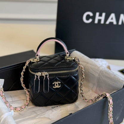 CHANEL MINI TOP HANDLE VANITY WITH CHAIN BLACK AND PINK 10CM