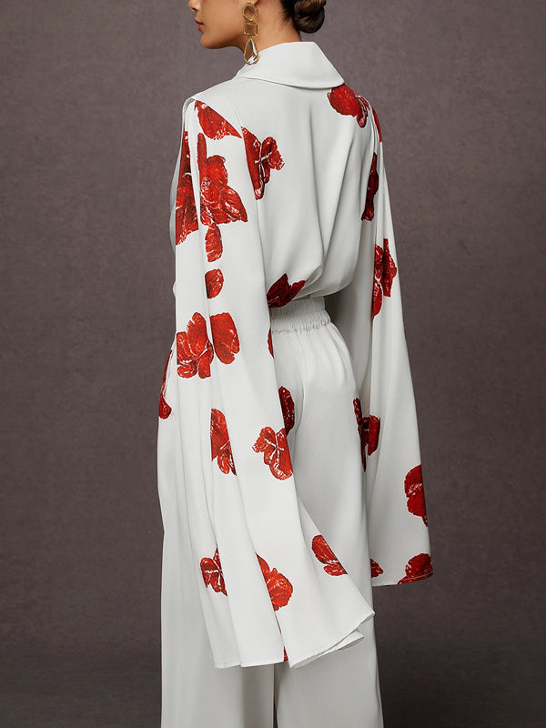 Split Sleeve Floral Loose Elegant Blouse Women's Suit