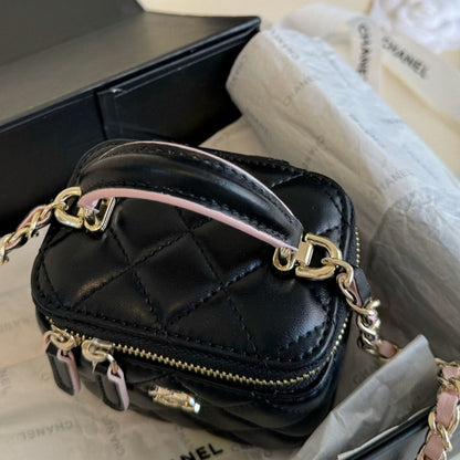 CHANEL MINI TOP HANDLE VANITY WITH CHAIN BLACK AND PINK 10CM