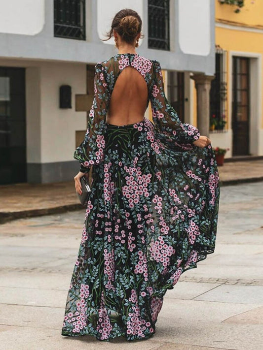 loveedsTM-Vintage Chic Women Floral Print O-neck Backless Sexy Bohemian Evening Dress Robe Lady Long Sleeve Boho Dresses Vestidos