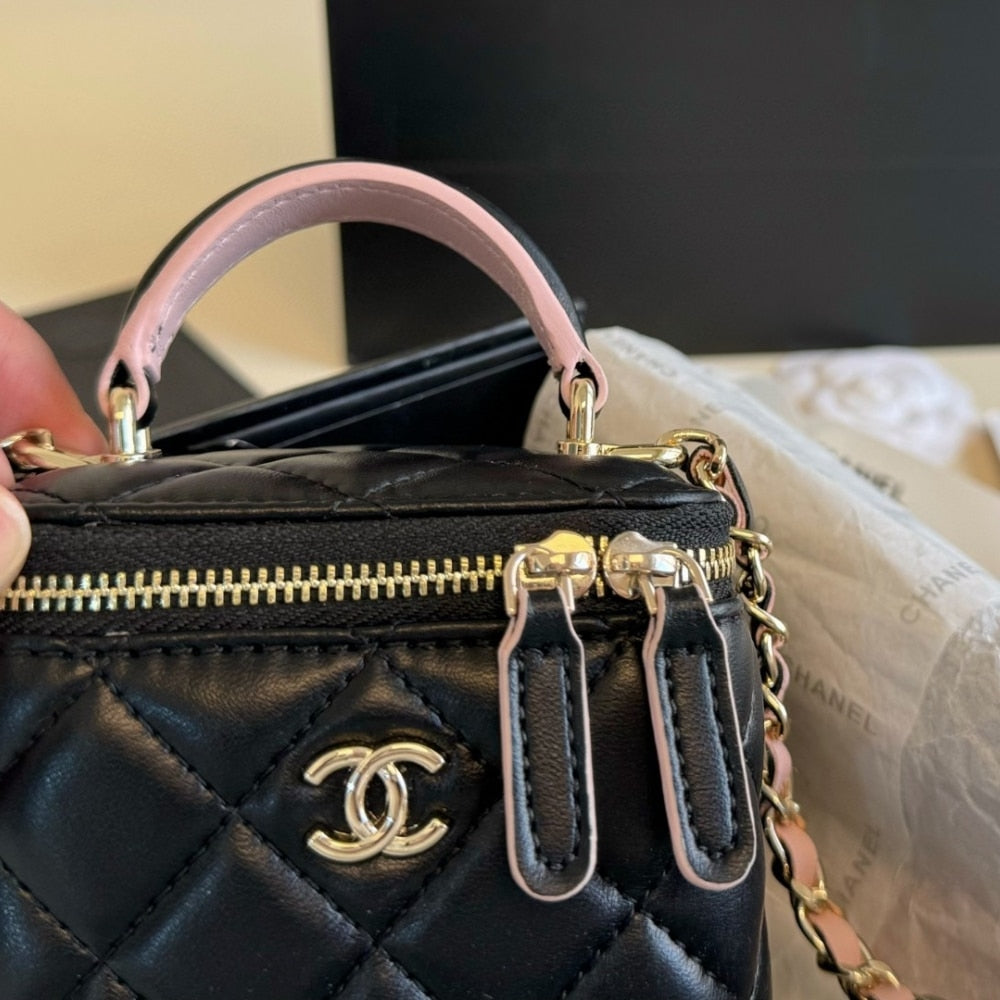 CHANEL MINI TOP HANDLE VANITY WITH CHAIN BLACK AND PINK 10CM