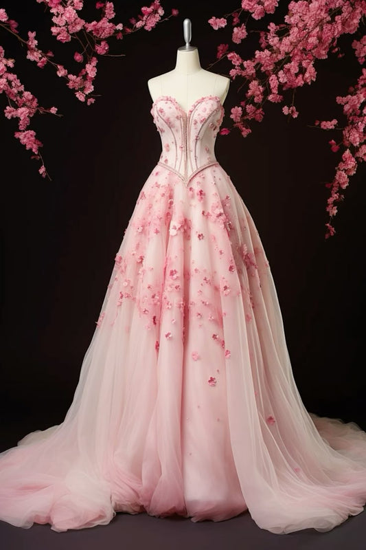 Light Pink A Line Sweetheart Neck 3D Flower Satin Tulle Prom Dress Evening Dress SH2419