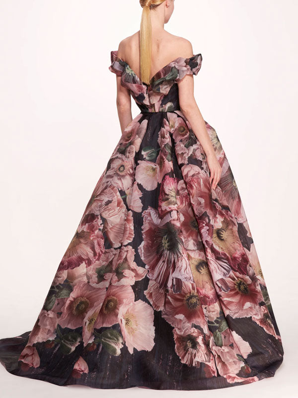 Off-the-shoulder Multi-color Printed Ball Gown