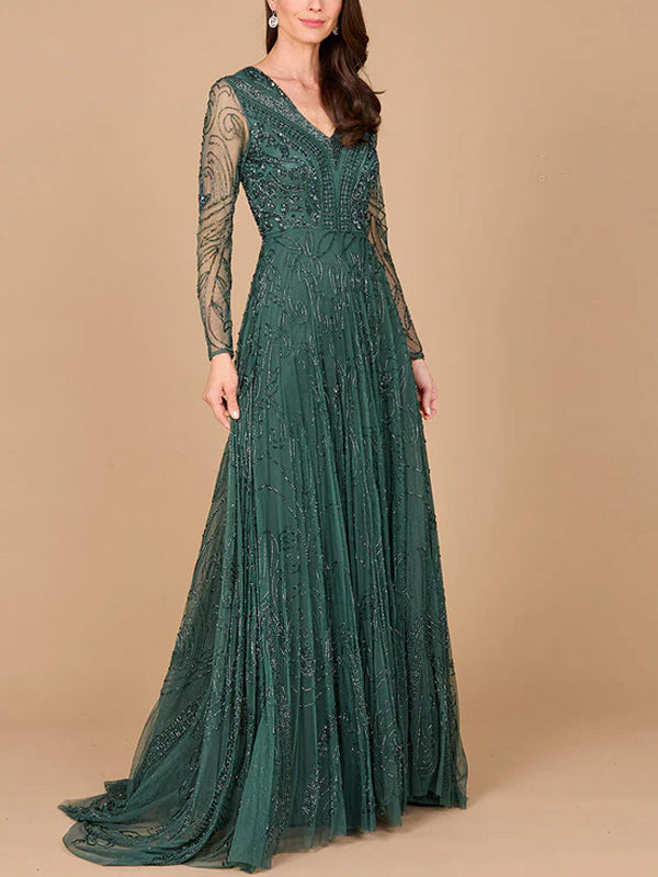V-neck Sequined Lace Long Sleeves Maxi Dress