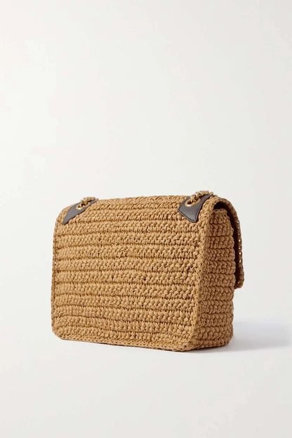 SAINT LAURENT Niki medium leather-trimmed raffia shoulder bag Cream