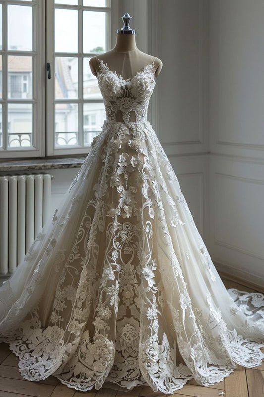 Chic A-Line V-Neck Lace Tulle Long Prom Dress Wedding dress ED01338