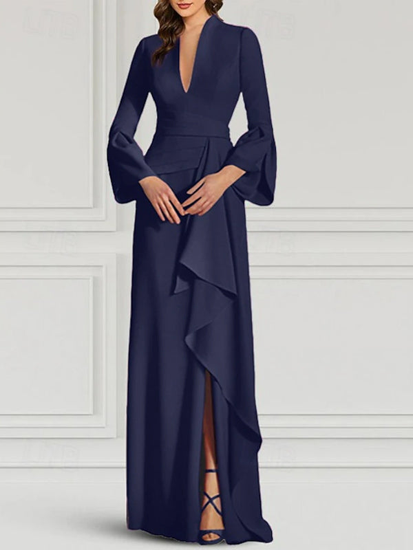 V-neck Long Sleeve Solid Color Maxi Dress