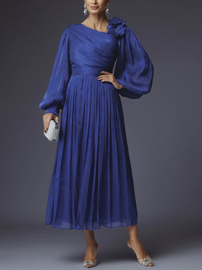 Solid Color Three-Dimensional Flowers Midi Dress