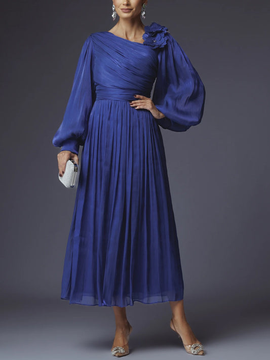 Solid Color Three-Dimensional Flowers Midi Dress