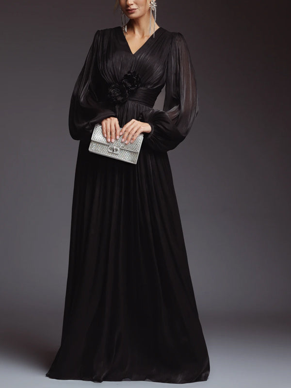 V-neck Long Sleeve Solid Color Maxi Dress