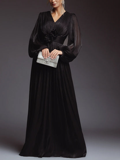 V-neck Long Sleeve Solid Color Maxi Dress