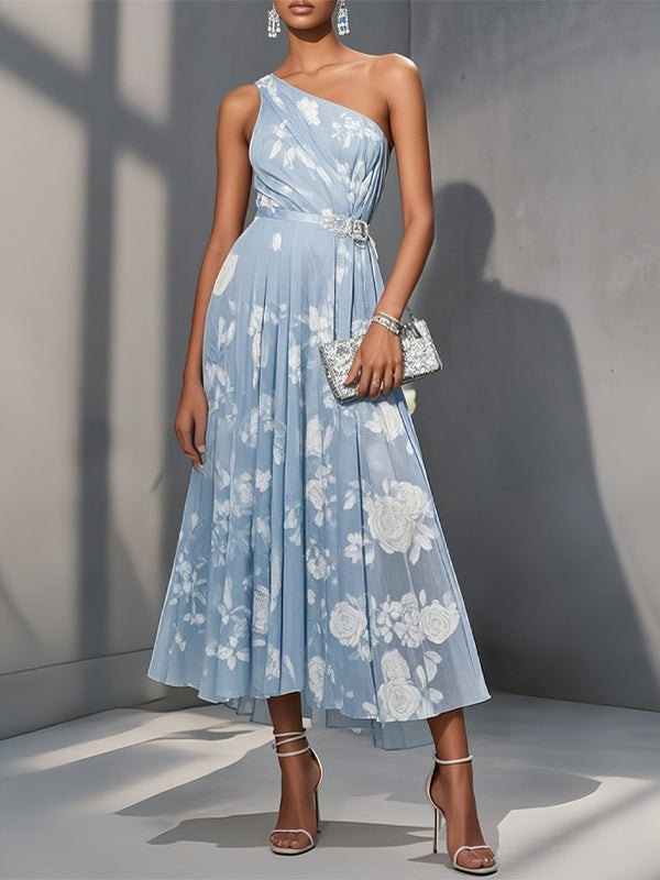 Light Blue Floral Ruched Classic One Shoulder Sleeveless A-Line Midi Dress