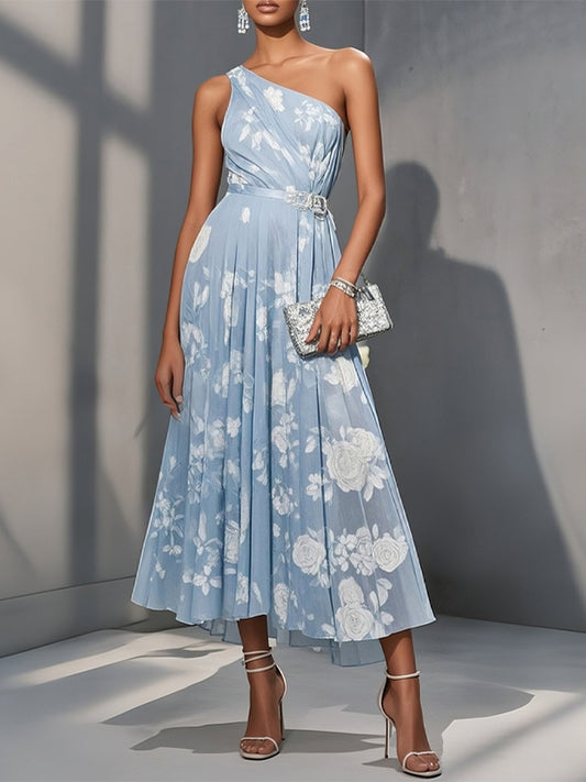 Light Blue Floral Ruched Classic One Shoulder Sleeveless A-Line Midi Dress