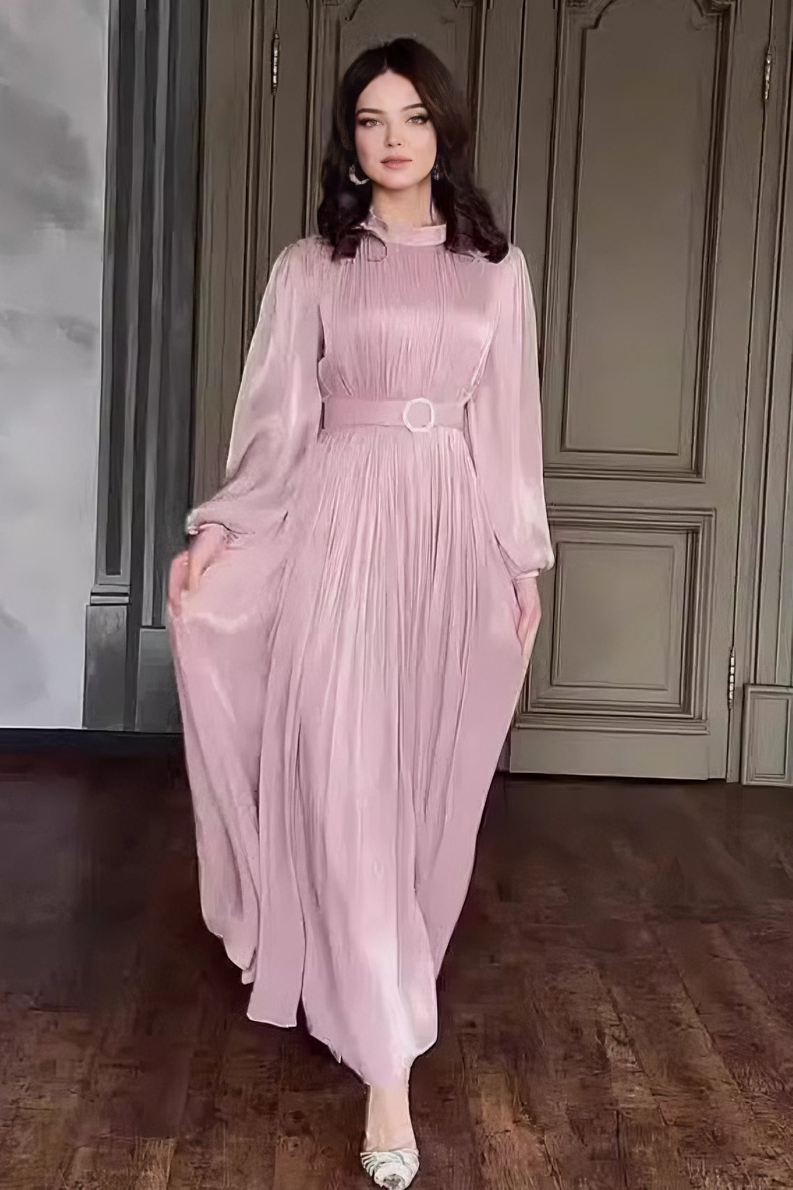 loveedsTM-Round Neck Organza Lantern Sleeve Long Sleeve Slim Belt Vintage Dress