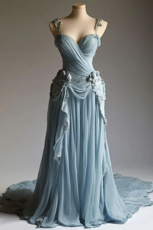 Blue Gorgeous Retro Fashion Elegant Floral Appliqué A-Line Long Tulle Floor-length Tail Evening Gown Prom Dress gh3697