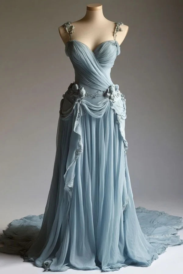 Blue Gorgeous Retro Fashion Elegant Floral Appliqué A-Line Long Tulle Floor-length Tail Evening Gown Prom Dress gh3697