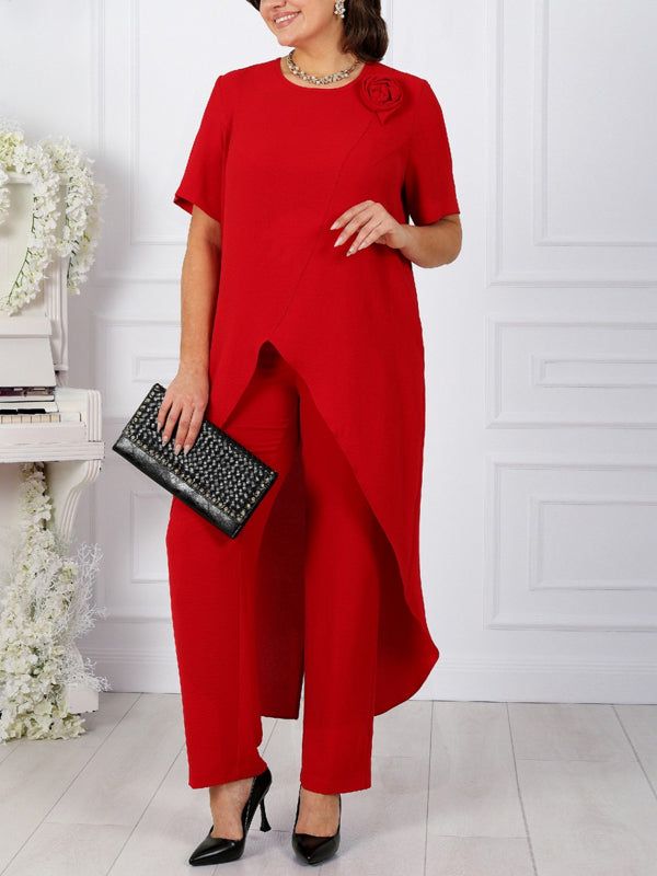 Round Neck Solid Color Short-sleeved Top And Trousers Suit