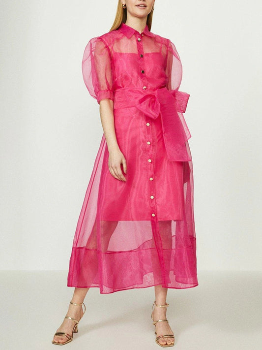 Organza Puff Sleeve Tie Waist Dress