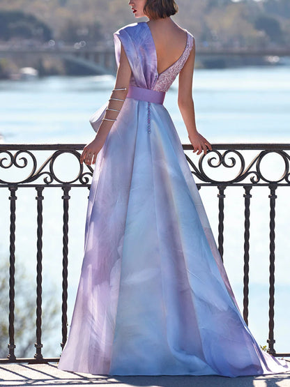 Printed Organza Dress with Rhinestones Lace