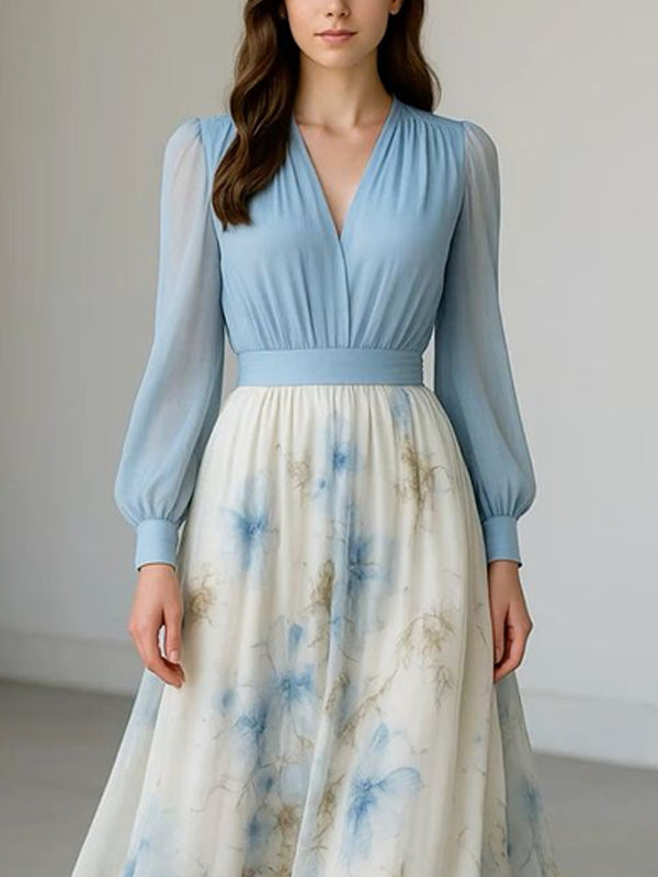 V-neck Elegant Light Chiffon Print Women's Dress