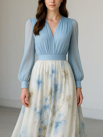 V-neck Elegant Light Chiffon Print Women's Dress