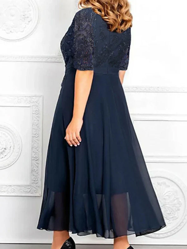 V-neck Lace Solid Color Midi Dress