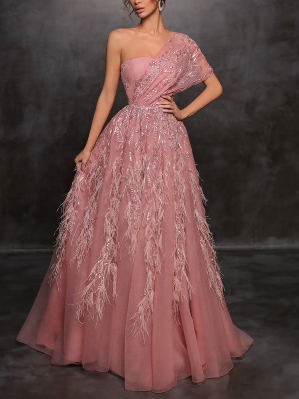 Pink Feather Temperament Women's Dress