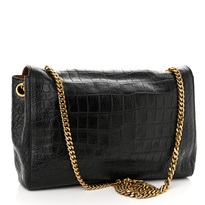 Saint Laurent  Calfskin Crocodile Embossed Suede Medium Reversible Monogram Kate Satchel Military Taupe