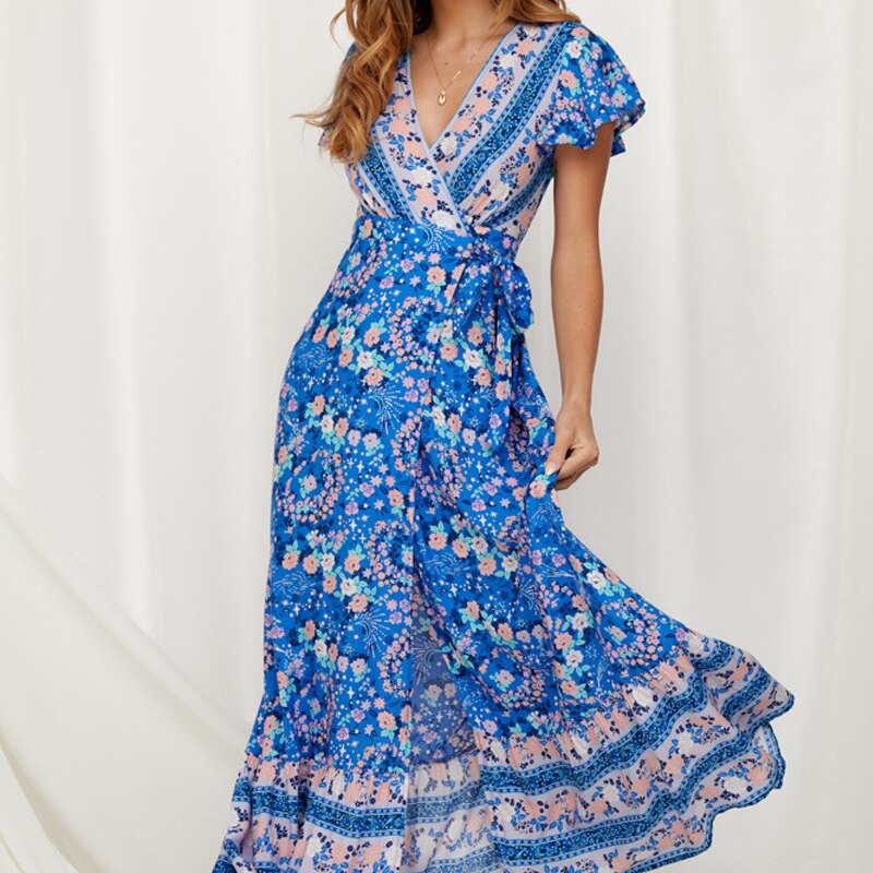 loveedsTM-Summer Vacation Holiday Dress Boho Green Printed Sashes Ruffles Bohemian Midi Dress V-Neck Irregular Short Sleeve Sundress