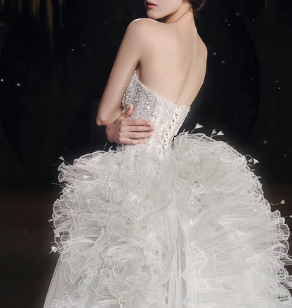 Princess Mermaid Strapless Neckline Sequin White Tulle Wedding Dresses SD1753