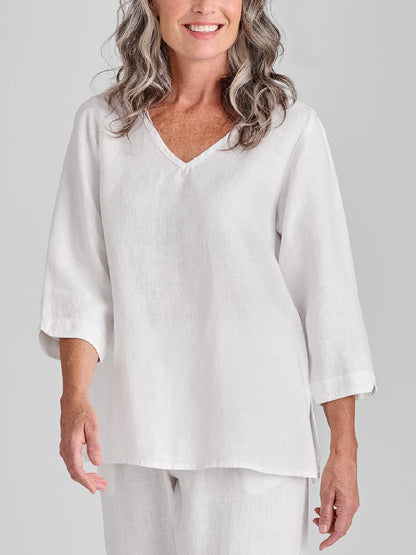 V-neck Cotton And Linen Solid Color Top