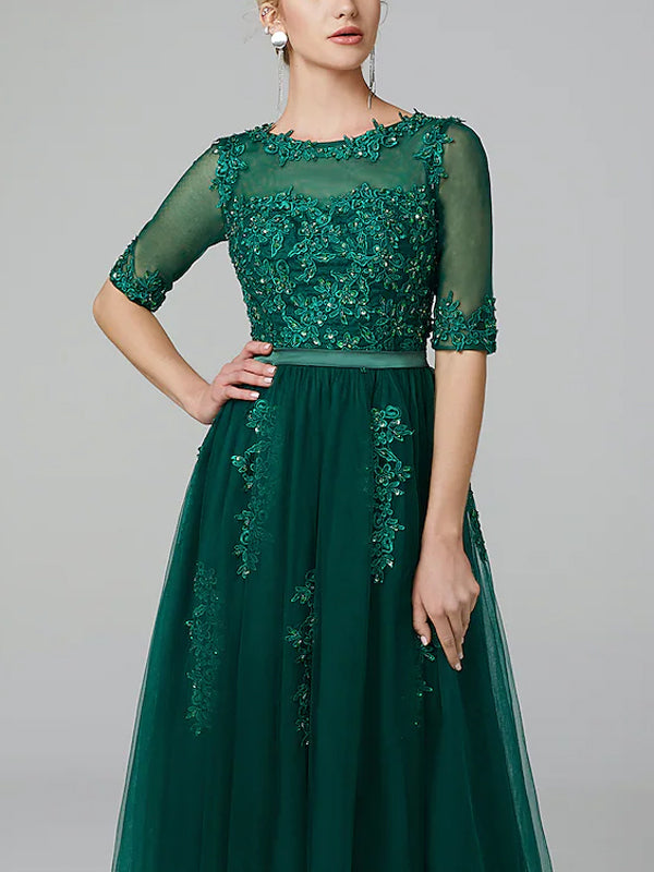 Round Neck Lace Solid Color Midi Dress