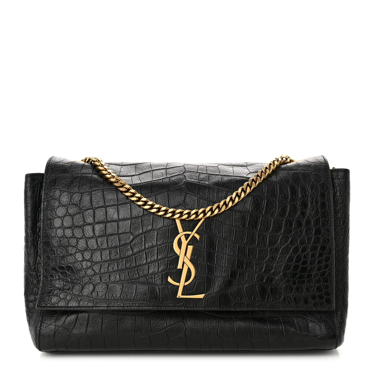 Saint Laurent  Calfskin Crocodile Embossed Suede Medium Reversible Monogram Kate Satchel Military Taupe