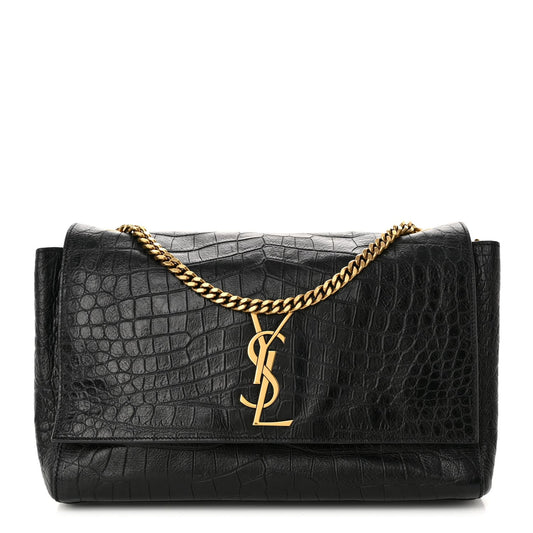 Saint Laurent  Calfskin Crocodile Embossed Suede Medium Reversible Monogram Kate Satchel Military Taupe