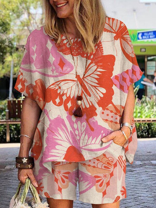 Women's Round Neck Print Short Sleeve Suit