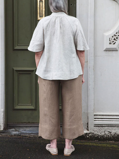 Lace-up Cotton and Linen Stripes Short Sleeves