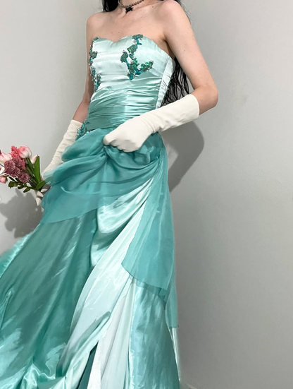 Blue Ombre Vintage A Line Sweetheart Neck Appliques Satin Chiffon Prom Dress Evening Dress SH2540