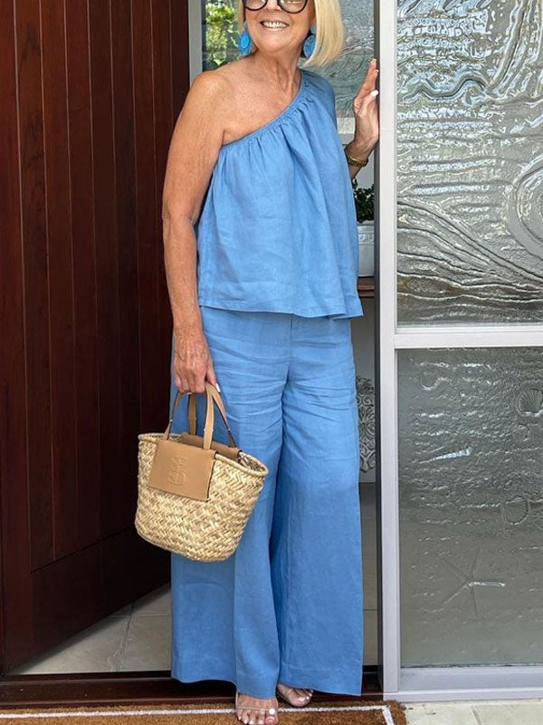 One Shoulder Cotton Linen Ladies Suits