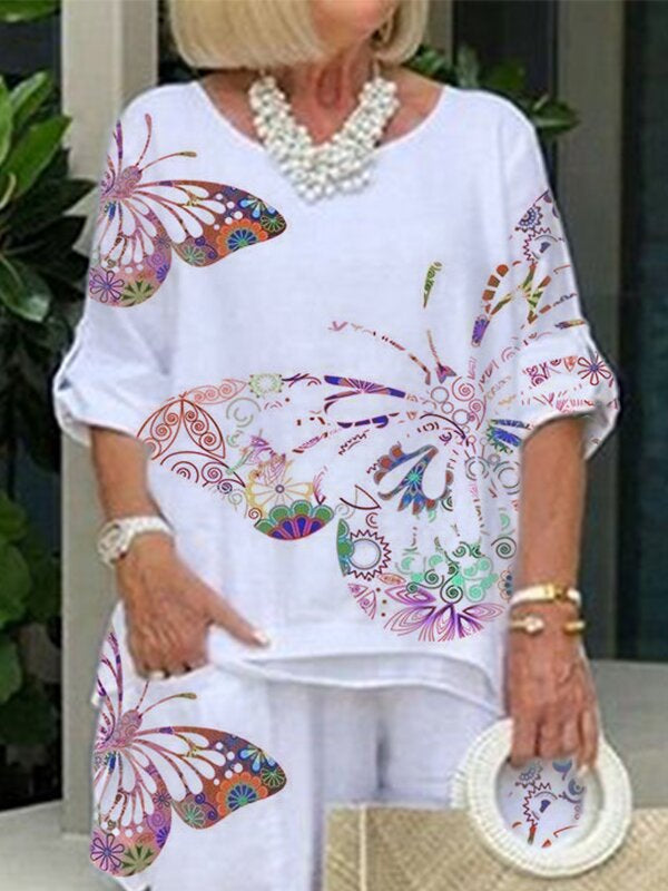 Ladies' Butterfly Print Irregular Hem Suit