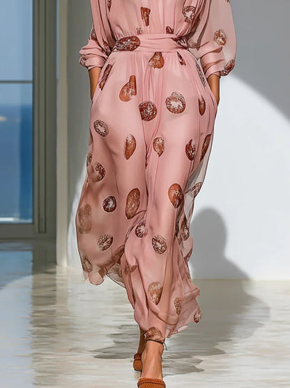 Beaded Ruched Chiffon Crew Neck Long Sleeve A-Line Maxi Dress