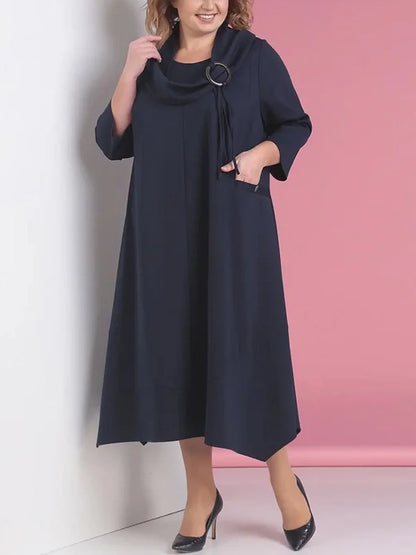 Round Neck Solid Color Pocket Long Sleeve Dress