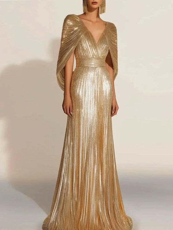 Formal Evening Fringe Dress Gold Cape V-neck Floor-length Gown