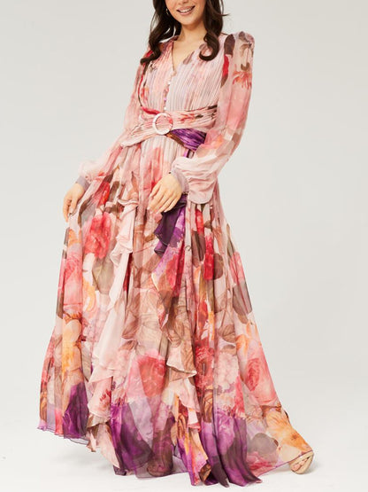 V-neck Colorful Printed Chiffon Maxi Dress