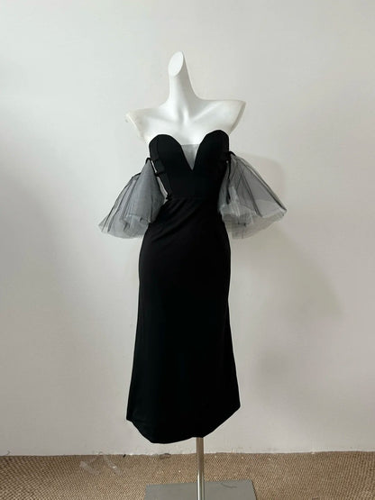 Black Fashion Elegant Short Sleeve Midi Long satin Homecoming Dress Prom Dress Evening Dress Party Dress Prom Dress gh4039