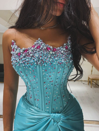 Gorgeous Sheath Strapless Pearl Beaded Blue Satin Prom Dress Evening Dress with Slit SH2275